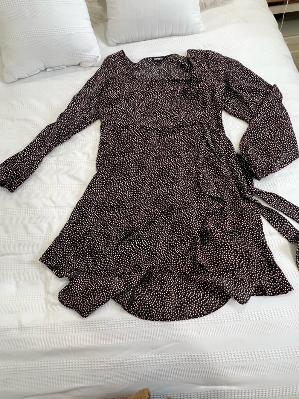 Express Black and Cream Polka Dot Long-Sleeve Wrap Dress
